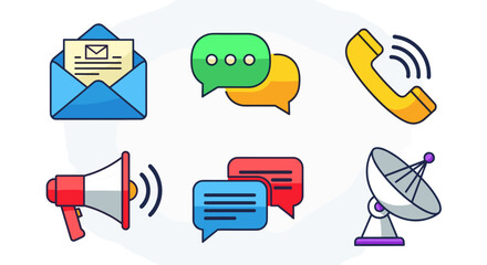 Illustration of communication icons including mail phone and satellite