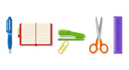 Illustration of stationery items including pen notebook and scissors