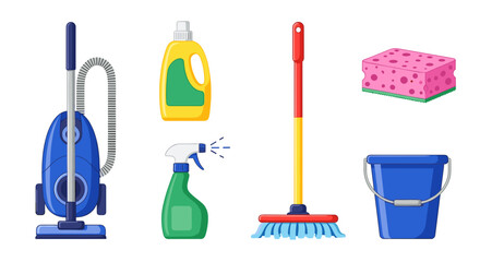 Illustration of cleaning supplies including vacuum and mop bucket
