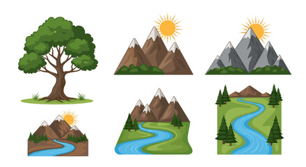 Illustrative landscape elements featuring mountains trees and rivers