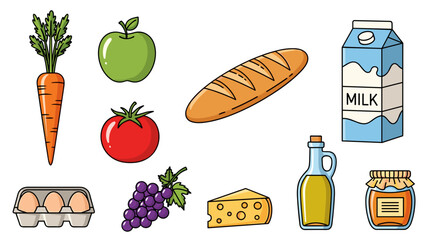 Illustration of various food items including dairy fruits and bread