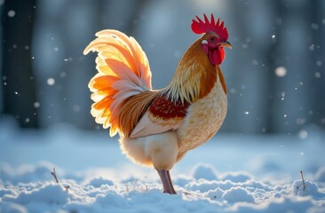 Rooster on a snowy background. Year of the Rooster.