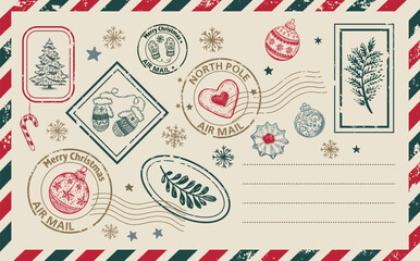 Festive Air Mail Postcard with Hand-Drawn Christmas Stamps and Decorations