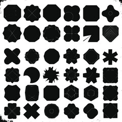 Geometric shape silhouettes, abstract icons, black vector symbols, floral, polygonal, star-like, crescent, chevron, editable, isolated, design elements