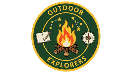 Outdoor Explorers badge with campfire, compass, notebook, and constellations.