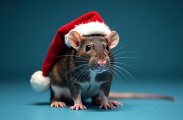 A rat in a New Year's cap on a dark blue background. Santa Claus