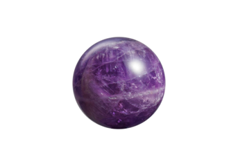 A polished amethyst sphere on a white isolated background, showcasing deep purple hues and sparkling facets. Ideal for decor, meditation, or crystal collections.