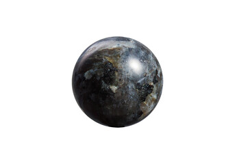 An elegant black larvikite orb on a white isolated background, exhibiting iridescent silver-blue shimmer and a refined polish. Suitable for luxury decor or crystal healing.