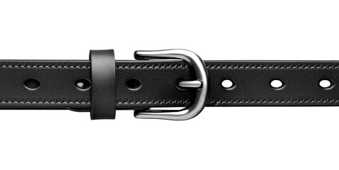 Studio photo of a black leather belt with metal buckle, isolated on white background. Perfect for online stores, product catalogs, and fashion accessories.
