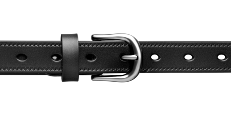 Studio photo of a black leather belt with metal buckle, isolated on white background. Perfect for online stores, product catalogs, and fashion accessories.