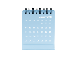 Desktop calendar for january 2026 in blue colour. Mini planner for business and finance, spiral view on isolated white background close up.