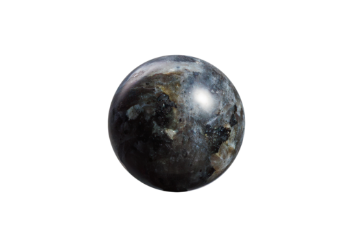 An elegant black larvikite orb on a white isolated background, exhibiting iridescent silver-blue shimmer and a refined polish. Suitable for luxury decor or crystal healing.