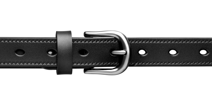 Studio photo of a black leather belt with metal buckle, isolated on white background. Perfect for online stores, product catalogs, and fashion accessories.