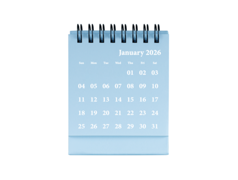 Desktop calendar for january 2026 in blue colour. Mini planner for business and finance, spiral view on isolated white background close up.