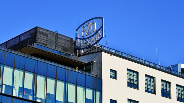 Warsaw, Poland. 6 November 2025. Urban landscape.  Sign with company name: PZO Warszawa.