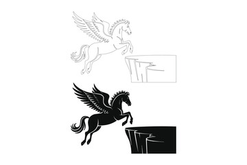 Mythical winged horse pegasus leaping from cliff edge with abstract background