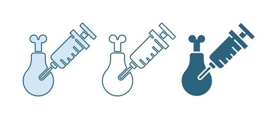 Blue Gmo research chicken icon isolated on white background. Syringe being injected to chicken. Vector