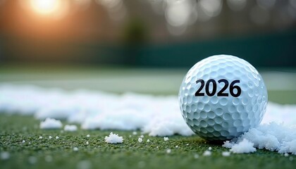golf ball resting on grass lightly dusted with snow, marked with "2026." The scene captures a fresh seasonal transition, with space for text. Christmas gilf