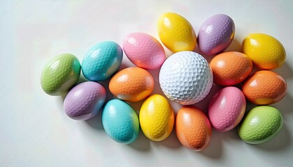 Golf ball surrounded by colorful Easter eggs on a white background. Clean minimalist design with space for text, perfect for Easter and golf marketing materials and festive promotions.
