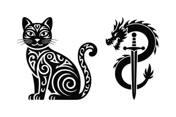Black tribal cat and dragon with sword silhouette art