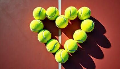 Tennis balls arranged in a heart shape on a tennis court. for Valentine’s Day tennis events, promotions, cards, and social media content.