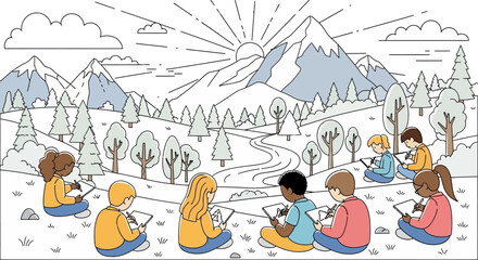 Obraz premium Children drawing in a scenic mountain landscape with trees, clouds, and a rising sun.