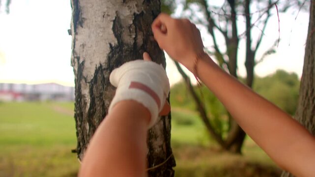 bandaged hand tying rope on birch close-up outdoor scene showing injured wrist securing thin twine around rough birch