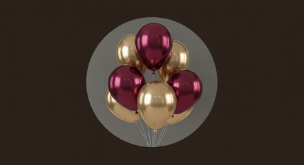 Gold and burgundy balloons cluster in a circular frame against a dark background, creating a celebratory and elegant mood, ideal for festive designs or event promotion