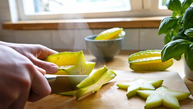Slicing Fresh Carambola on a Kitchen Counter with Green Herbs