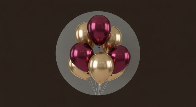 Gold and burgundy balloons cluster in a circular frame against a dark background, creating a celebratory and elegant mood, ideal for festive designs or event promotion