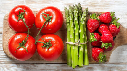 A vibrant assortment of fresh tomatoes, asparagus, and strawberries arranged neatly on a wooden board.