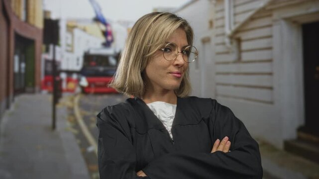 Blonde judge in black robe with round glasses crosses arms firmly on city street; justice confidence determination.