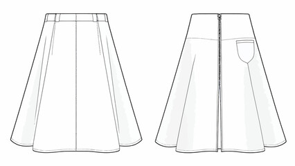 A-Line Skirt Technical Sketch – Full Back Zipper and Patch Pocket Vector Illustration Fashion Flat CAD Template for Women's Apparel Design