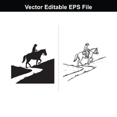 Silhouette and line art of a cowboy riding a horse up a hill on a path, vector editable eps file