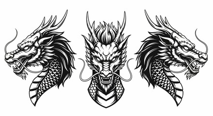 Furious Oriental Dragon Head Set - Traditional Asian Mythology Vector Illustration for Gaming Mascot and Tattoo Design