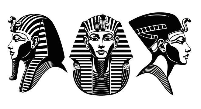 Ancient Egyptian Pharaoh Mask Set - King Tutankhamun Black and White Vector Illustration for History and Mythology Design