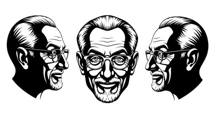 Smiling Senior Man Head with Glasses and Beard - Wise Old Professor Character Vector Illustration for Education and Business
