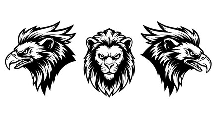 Powerful Lion Head and Gryphon Head Mascot Set - Vintage Black and White Vector Illustration for Team Logo Design