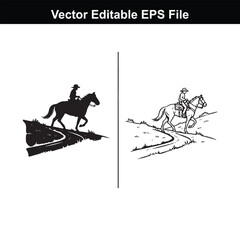 Silhouette and line art of a cowboy riding a horse up a hill on a path, vector editable eps file