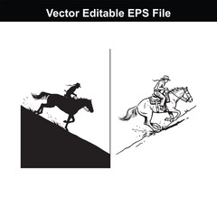 Silhouette and line art of a cowboy riding a horse downhill, vector editable eps file
