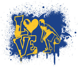 Grunge basketball design with player silhouette and bold LOVE lettering in blue and gold yellow. Perfect for t-shirts, posters, or sport-themed vector art.