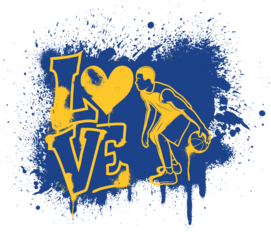 Grunge basketball design with player silhouette and bold LOVE lettering in blue and gold yellow. Perfect for t-shirts, posters, or sport-themed vector art.