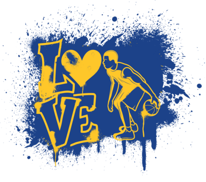 Grunge basketball design with player silhouette and bold LOVE lettering in blue and gold yellow. Perfect for t-shirts, posters, or sport-themed vector art.
