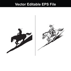 Silhouette and line art of a cowboy riding a horse downhill, vector editable eps file