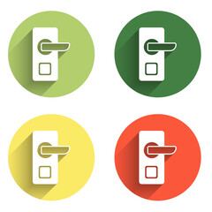 Set Digital door lock with wireless technology for unlock icon isolated with long shadow background. Door handle sign. Security smart home. Color circle button. Vector