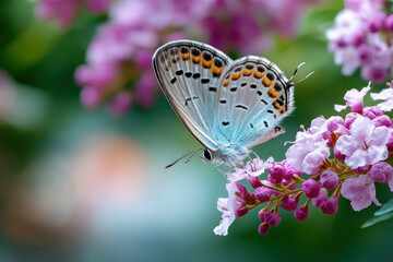 Close up of a butterfly on pink flowers