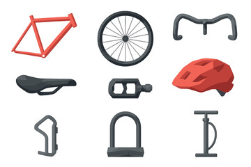 Collection of bicycle components and accessories displayed on a plain background for biking enthusiasts