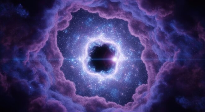 Abstract cosmic tunnel, dark core, glowing nebula, purple-blue clouds, distant light