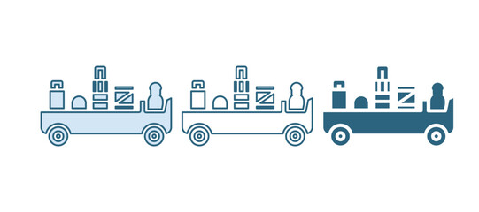 Obraz premium Blue Airport luggage towing truck icon isolated on white background. Airport luggage delivery car. Vector