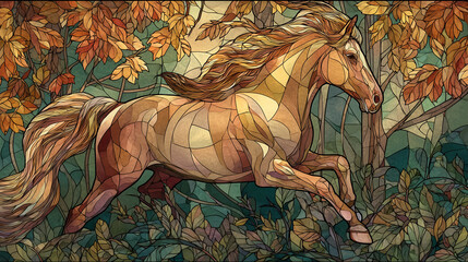 Colorful stained glass horse running through autumn foliage  
